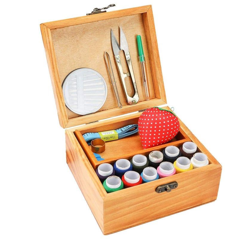 BTU Sewing Kit, Wooden Sewing Kit Box for Adults, Wooden Sewing Basket with Accessories, Home Sewing Basket Stitching Repair Kit for Beginner, Women, Men (Brown) - Image 3